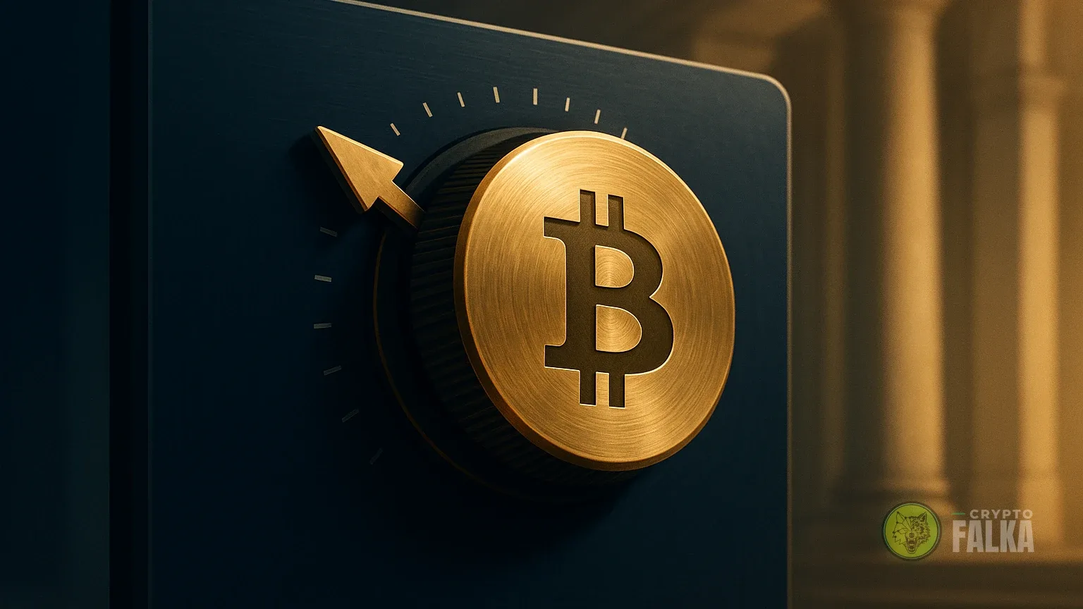Sárgaréz tárcsa Bitcoin-jellel sötétkék panelon - Cryptofalka
