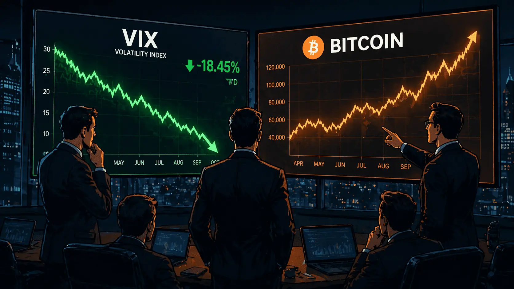 A VIX több hetes esése Bitcoin-emelkedést vetít előre