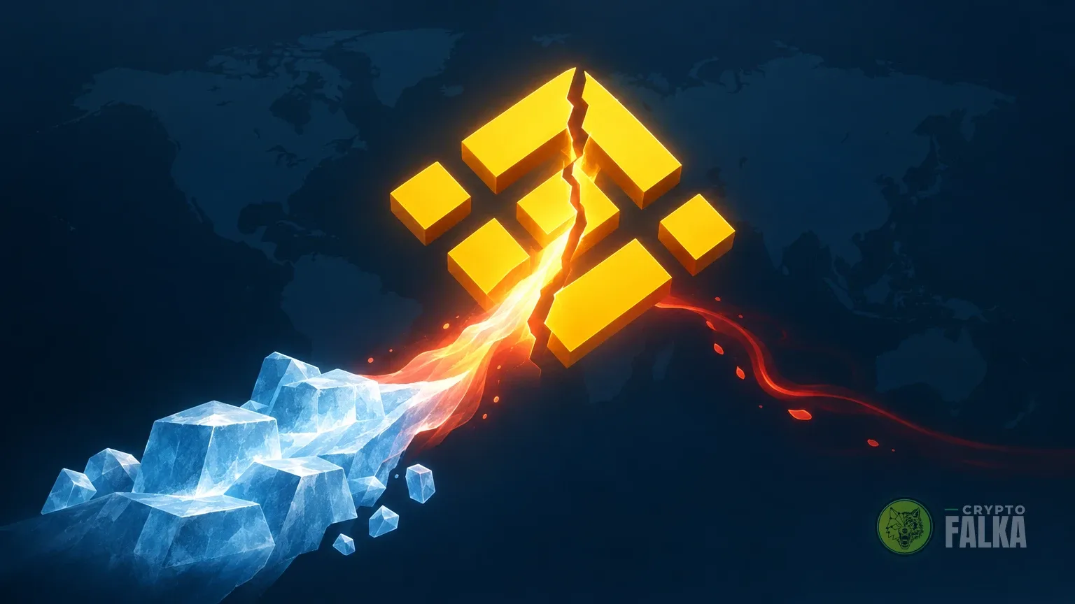 Illusztráció a megrepedt Binance-logóról, a kiáramló pénz egy része jéggé fagy, a többi elszökik