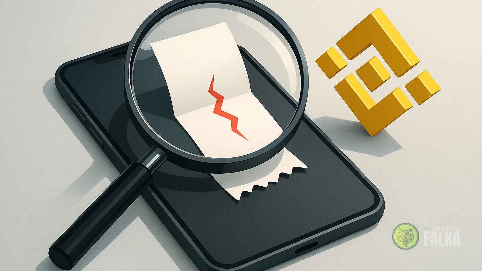 Nagyító egy telefon képernyőjén széthasadó, hamis fizetési bizonylat fölött, mellette a Binance sárga logója